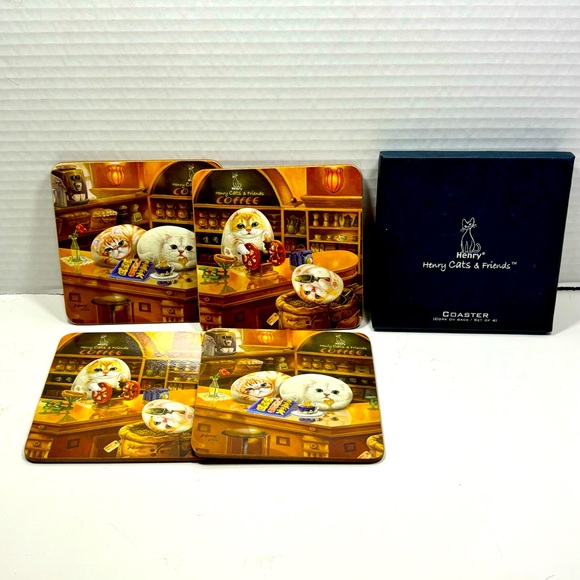 Henry Cats & Friends Cat Coaster Set Of 4 By Artist Henry Lee Coffee Cafe Cats - Picture 2 of 8